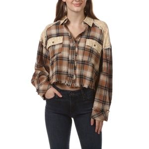 Originality.   Short-waisted, fringed  Plaid front/Yellow background Blouse …whi